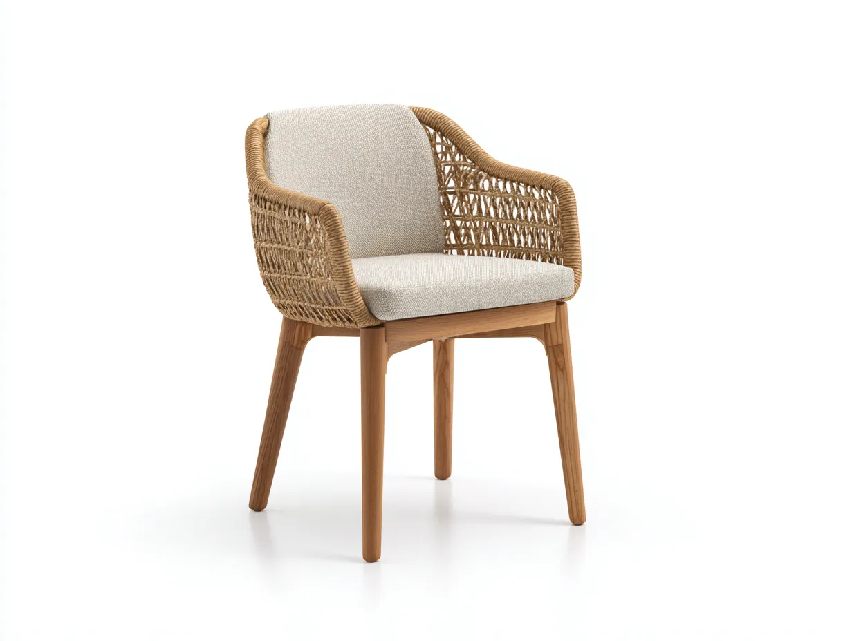 Silla de comedor exterior 58x60x82 cm - ratán natural y cojín beige - con brazos para terraza