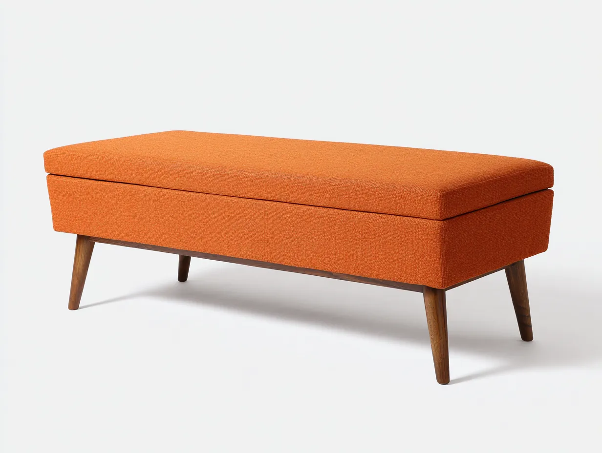 Banco 130x44x47 cm - tejido naranja teja - con almacenaje y patas de madera - para dormitorio