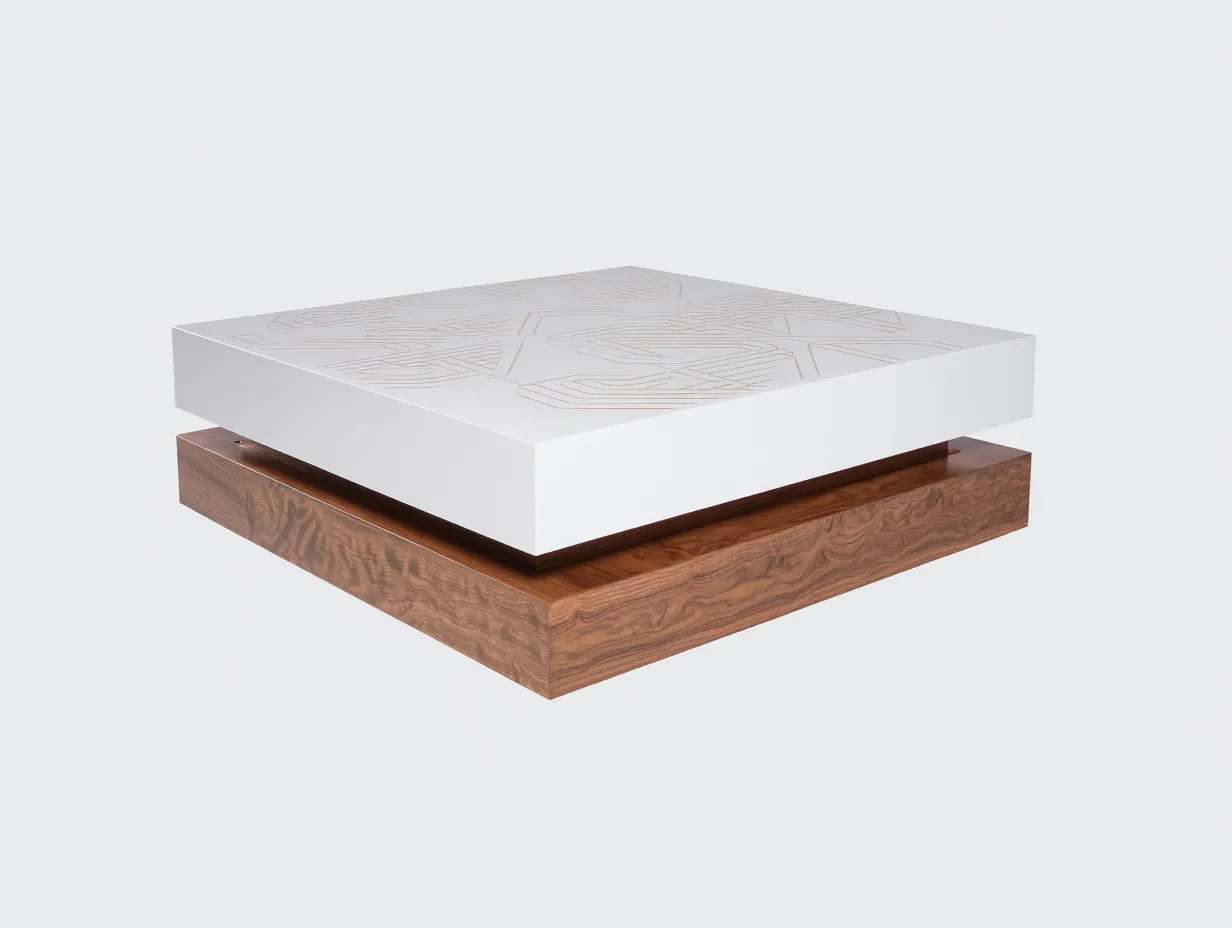 Mesa de centro 90x90x35 cm - blanco - madera lacada y nogal - para salón - con diseño geométrico