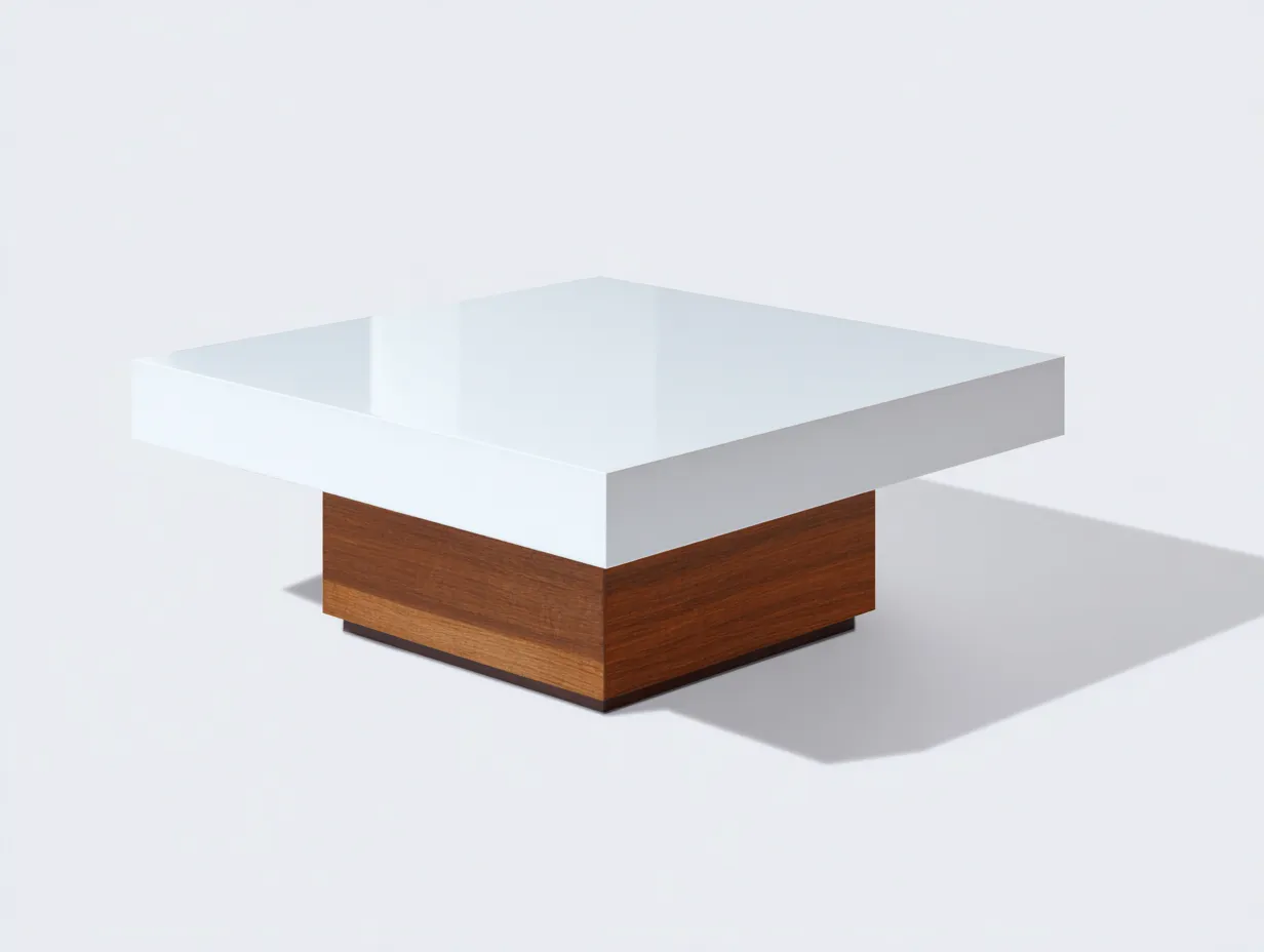Mesa de centro 90x90x34 cm - blanco y nogal - madera lacada - para salón - diseño cuadrado contemporáneo