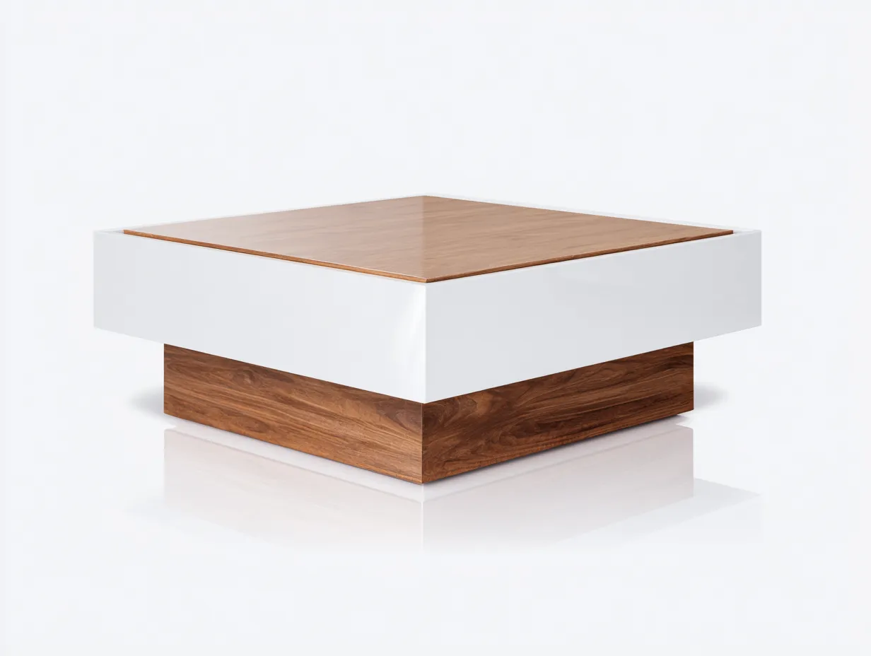 Mesa de centro 92x92x35 cm - blanco y nogal - madera lacada - para salón - con tapa de acento madera