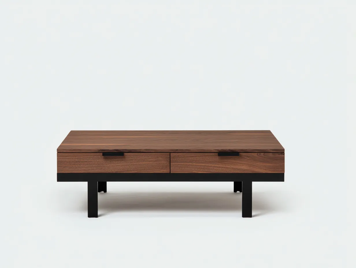 Mesa de centro 115x60x38 cm - nogal - madera y metal - para salón - con 2 cajones y base negra