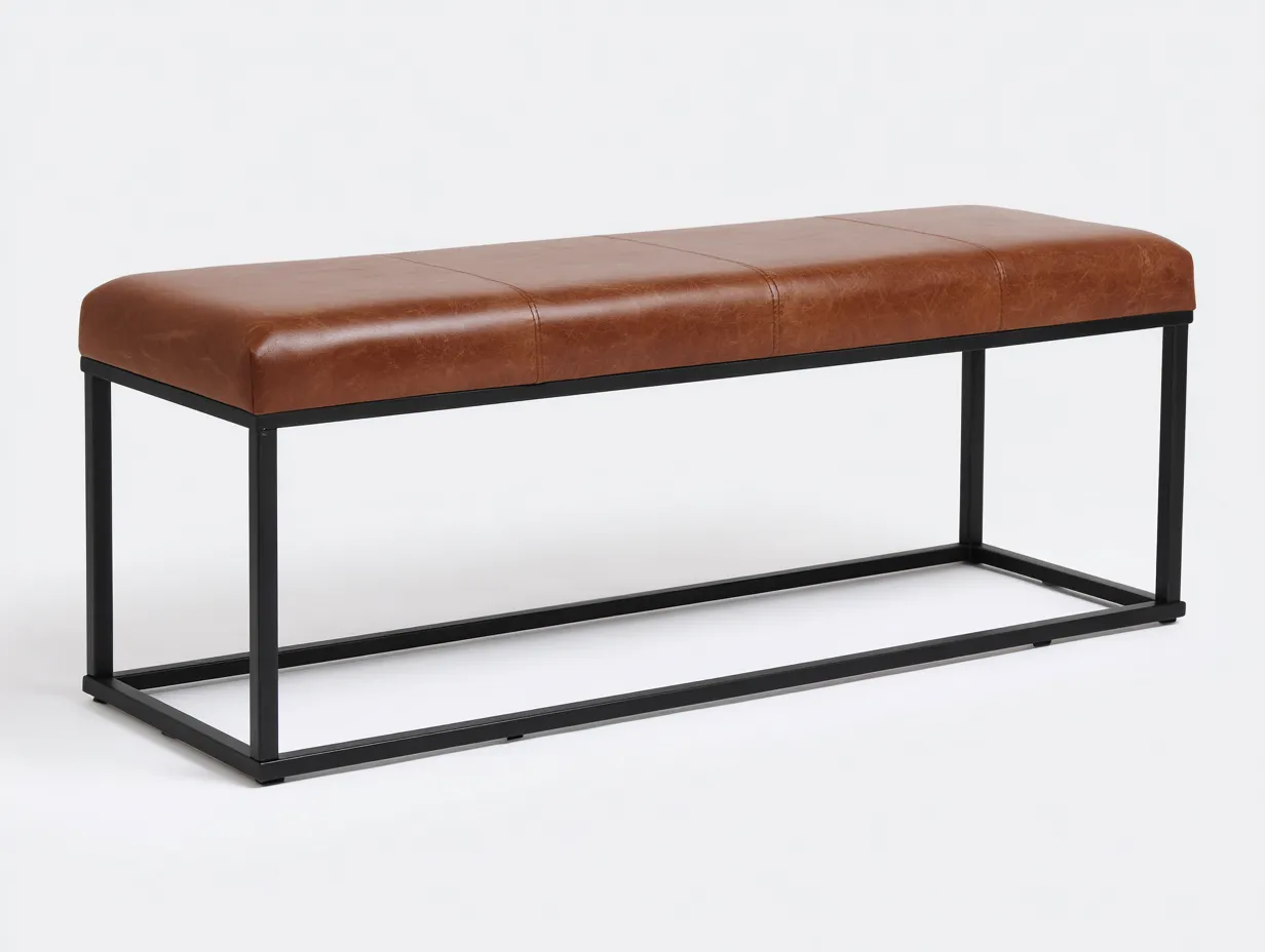 Banco 152x41x47 cm - símil piel marrón cuero - base metálica negra - para dormitorio