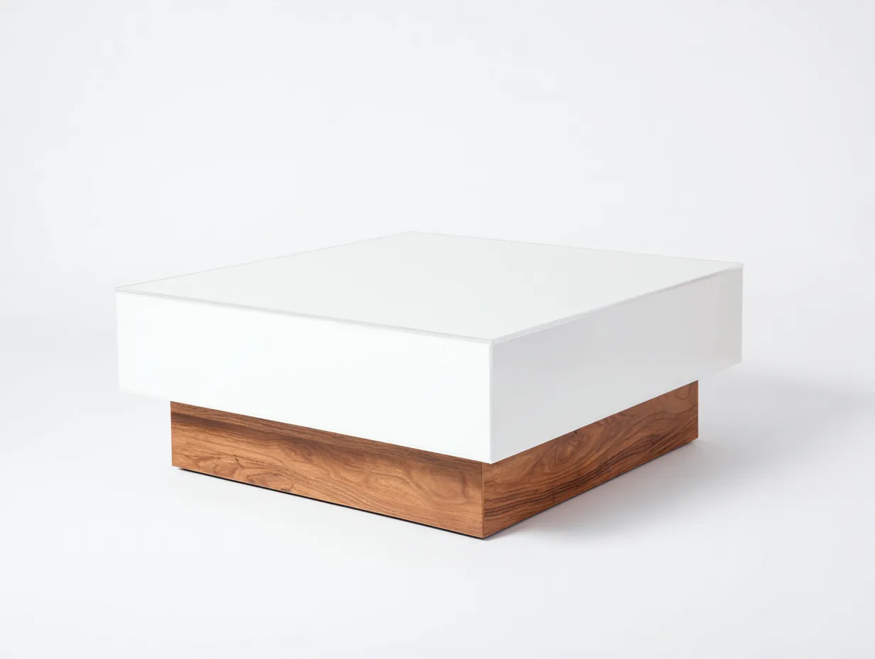 Mesa de centro 88x88x33 cm - blanco brillo - madera lacada - para salón - volumen cuadrado minimalista