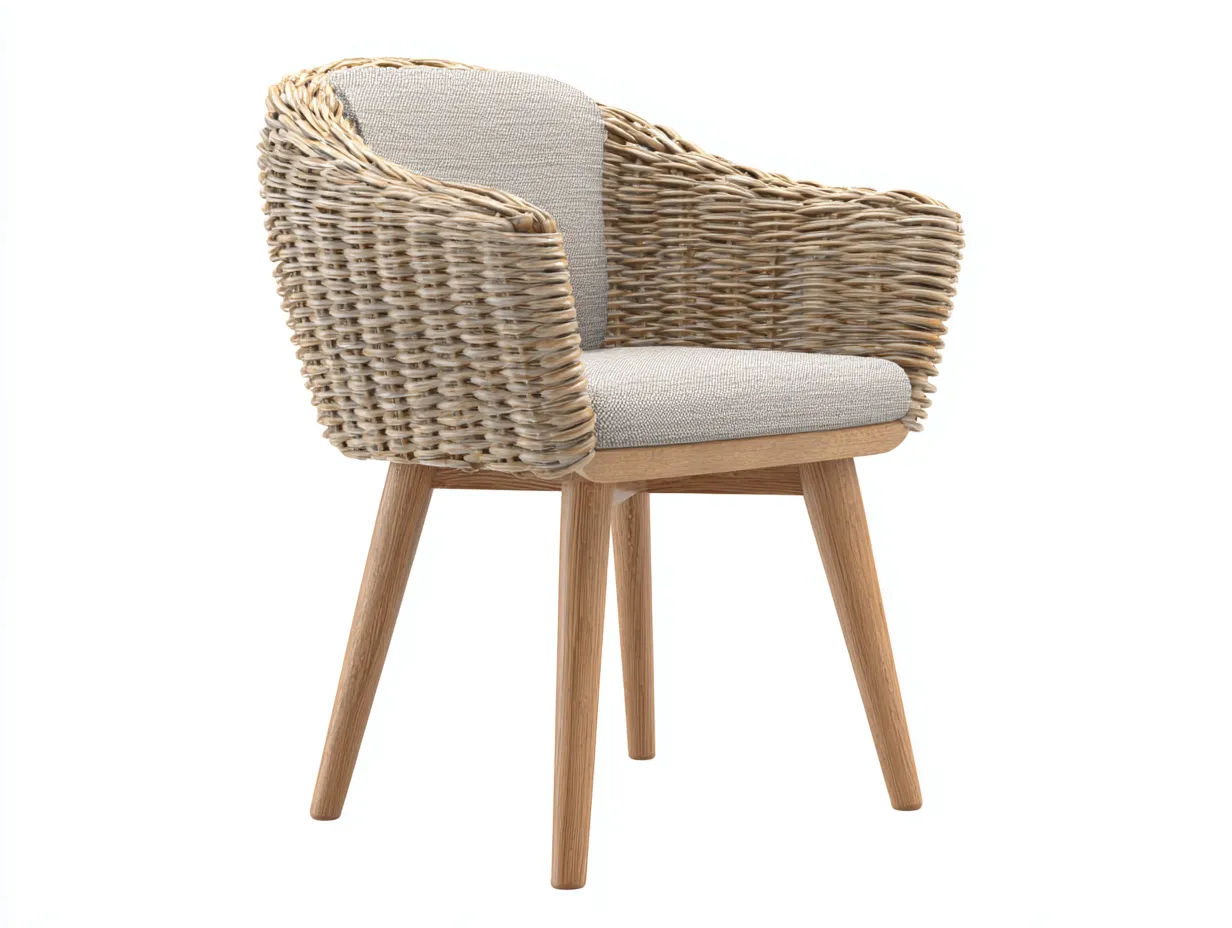 Silla de comedor exterior 59x61x83 cm - ratán natural y tapizado beige - con brazos de madera