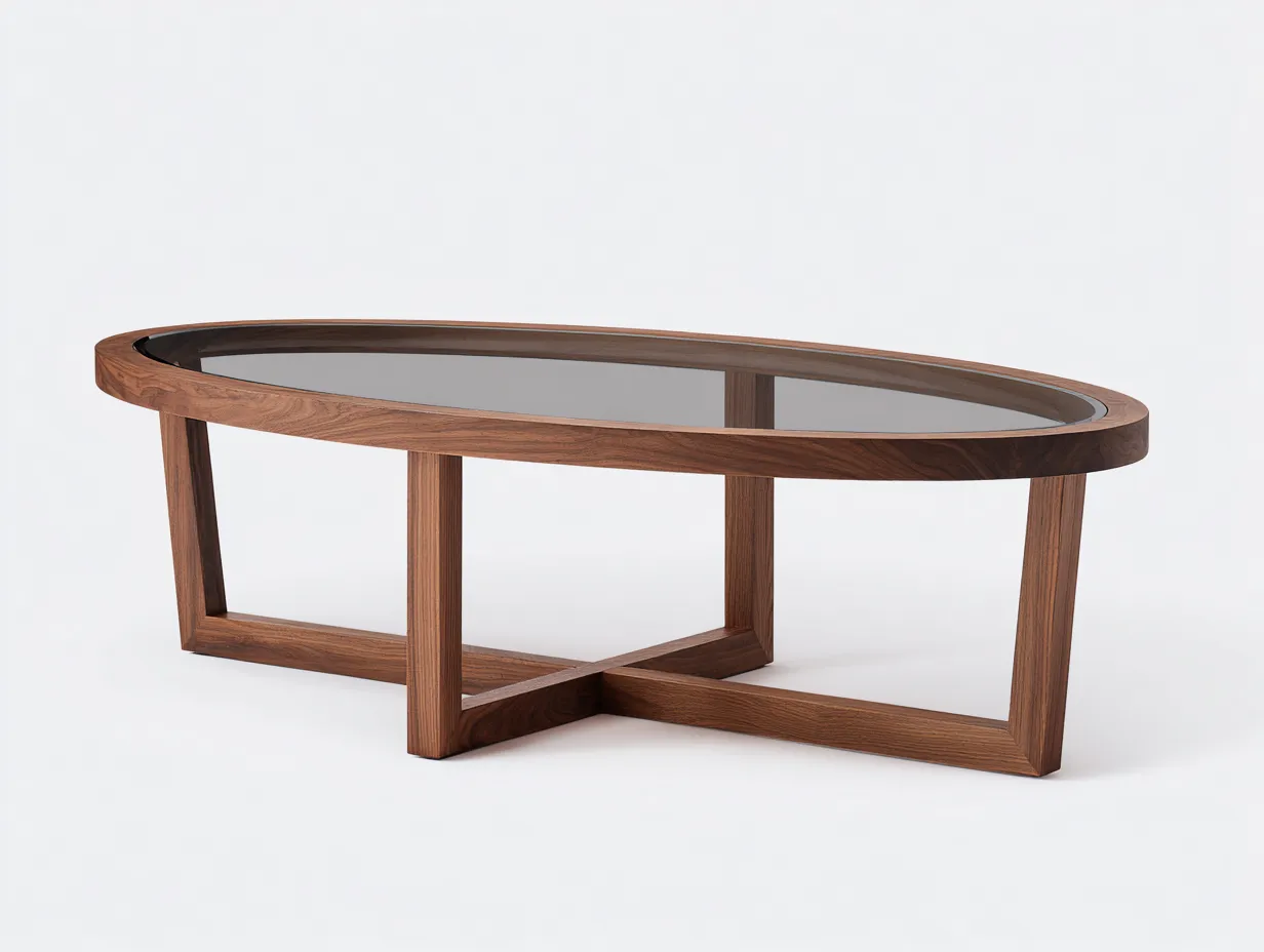 Mesa de centro 118x64x39 cm - nogal y transparente - madera y vidrio - para salón - diseño ovalado ligero