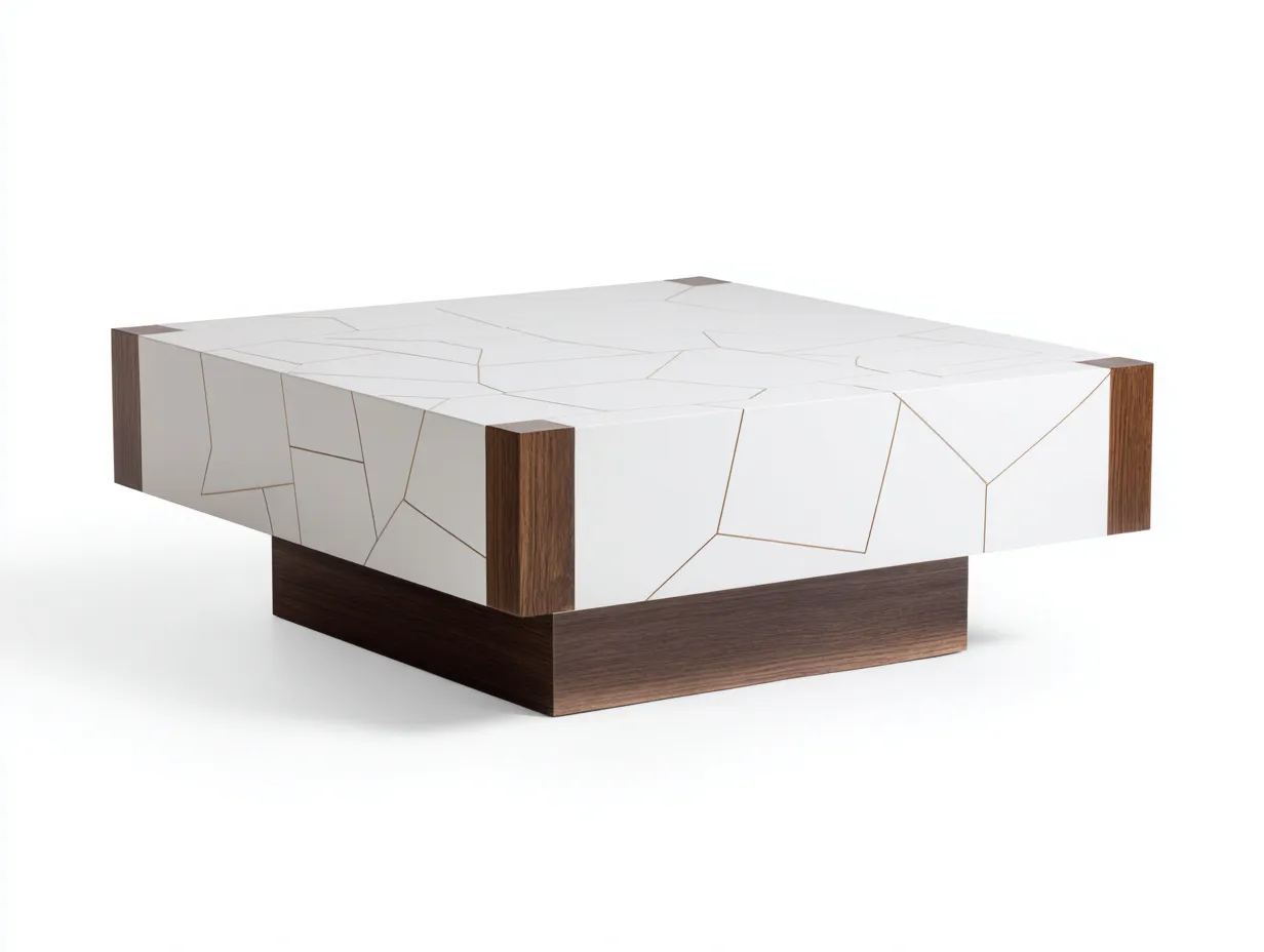 Mesa de centro 95x95x34 cm - blanco - madera lacada y nogal - para salón - estilo contemporáneo cuadrado