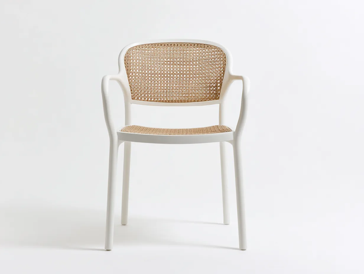 Silla de comedor exterior 56x58x81 cm - estructura blanca y respaldo de ratán - diseño con brazos