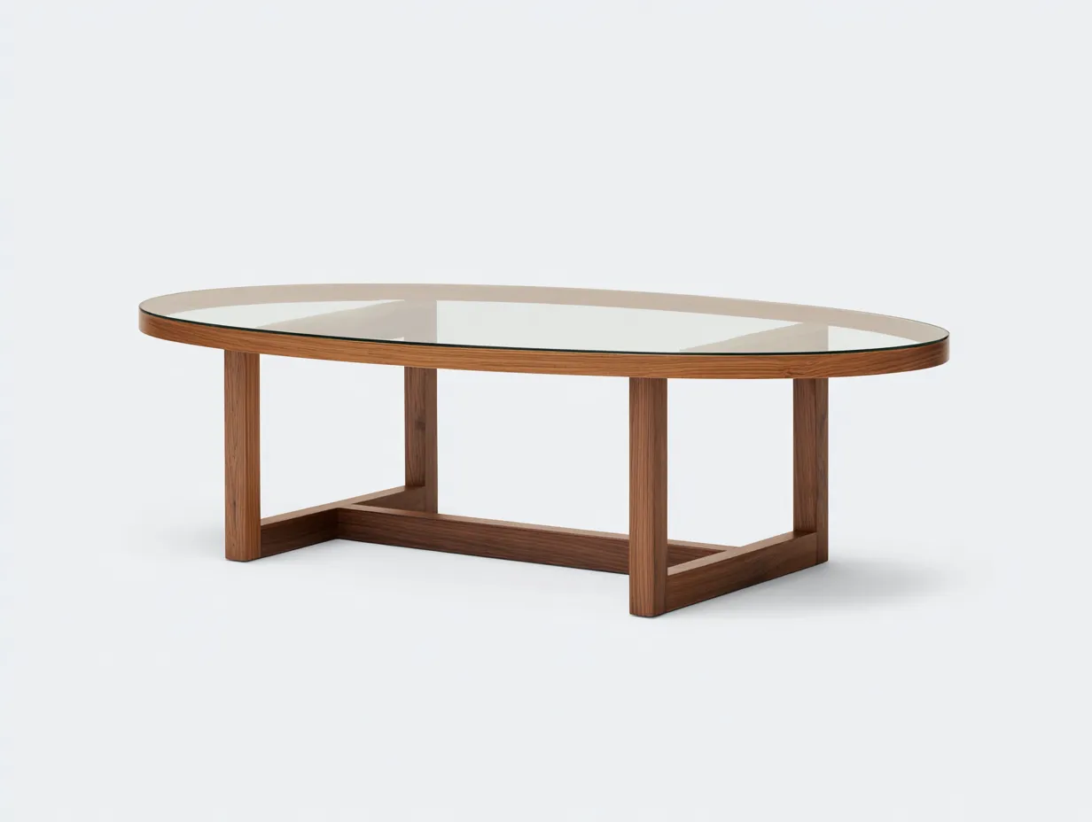 Mesa de centro 120x65x40 cm - nogal y transparente - madera y vidrio - para salón - forma ovalada elegante