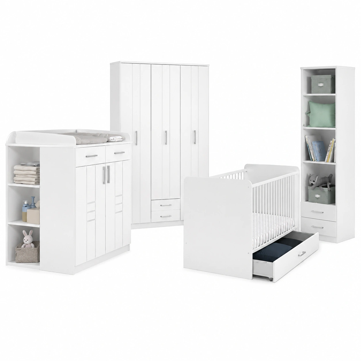 Komplettes Babyzimmer Set mit Wickelkommode, Kleiderschra und Bett in Weiss-OrvelloLiving