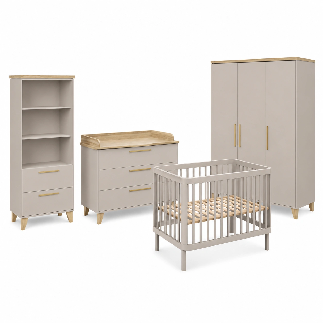 Mobel-Set Babyzimmer Hilda 5-teilig, Kaschmir/Mauvella Eiche, il. Kleiderschra, Babybett, Wickelkommode, Regal, Wandboard-OrvelloLiving