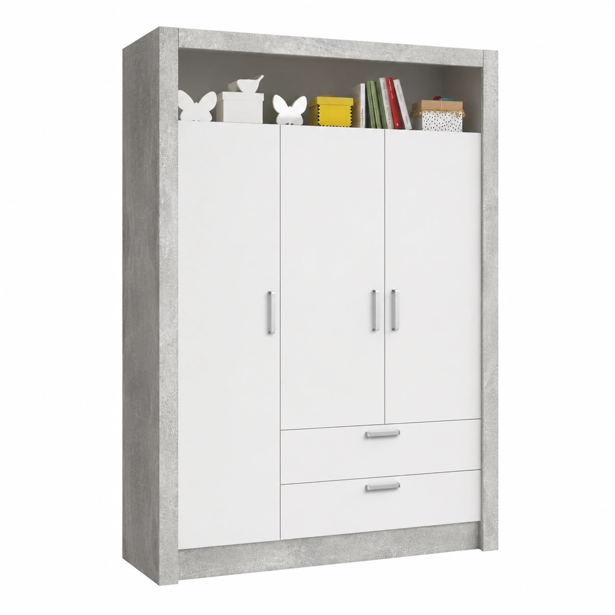 TIMO 3-turiger Babyzimmer-Kleiderschra in Betonoptik, Weiss - Vielseitiger Stauraum 137x196x56 cm-OrvelloLiving
