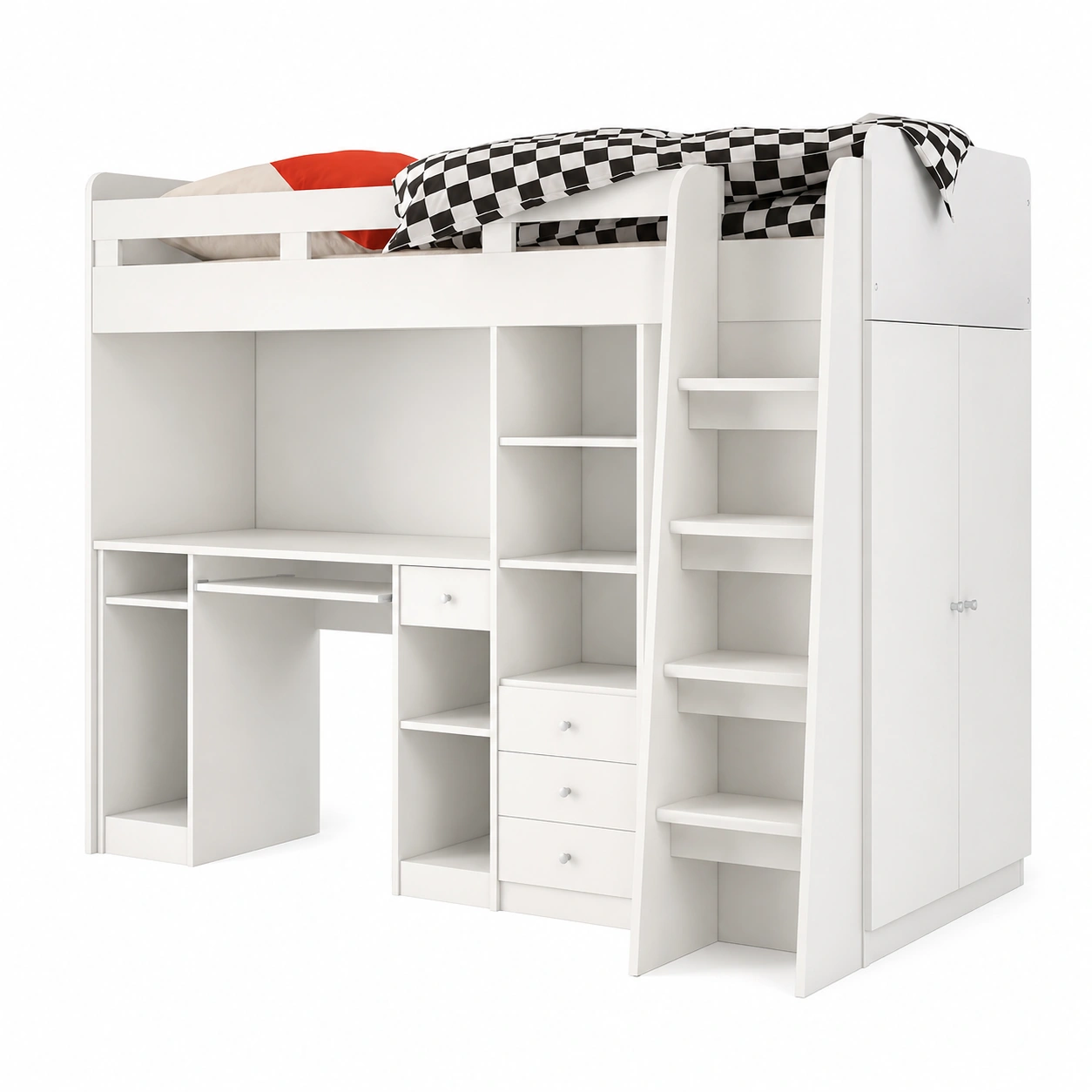 Platzsparendes Hochbett in Eiche San Remo mit Kleiderschra, Schreibtisch und Regal-OrvelloLiving