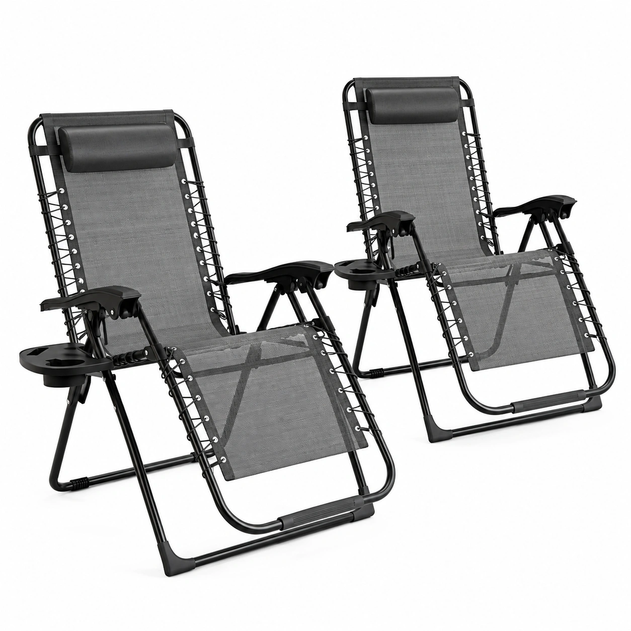 Ergonomischer Liegestuhl Set mit Getraehalter, Verstellbare Lehne  Kopfstutze, Strapazierfahiger Textilene-Bezug, Robustes Stahlgestell, Ideal fur Terrasse, Garten  Camping (Grau)-OrvelloLiving