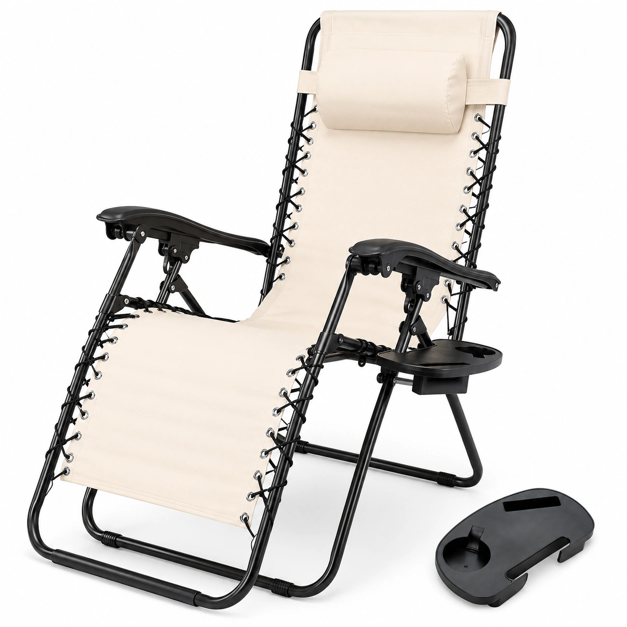 Klappbarer Liegestuhl mit Schwerelosigkeit fur Garten und Terrasse, Stahlrohr, atmus Oxford-Gewebe, Beige-OrvelloLiving