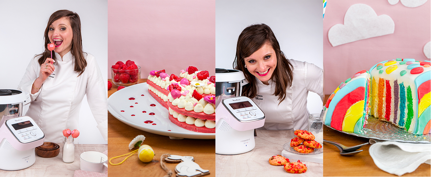 Patchwork de photos de la chef No&eacute;mie Honiat posant avec Companion Rose P&acirc;tisserie de Moulinex