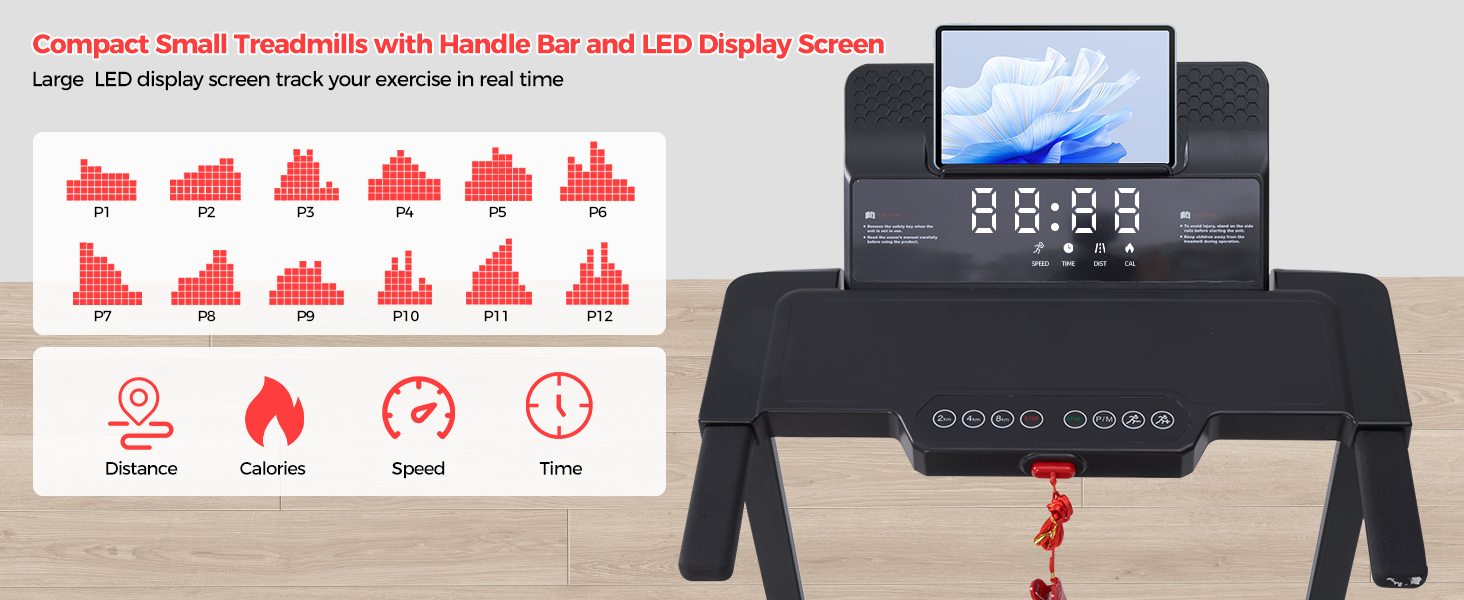 Petits tapis roulants compacts avec barre de poignée et écran LED