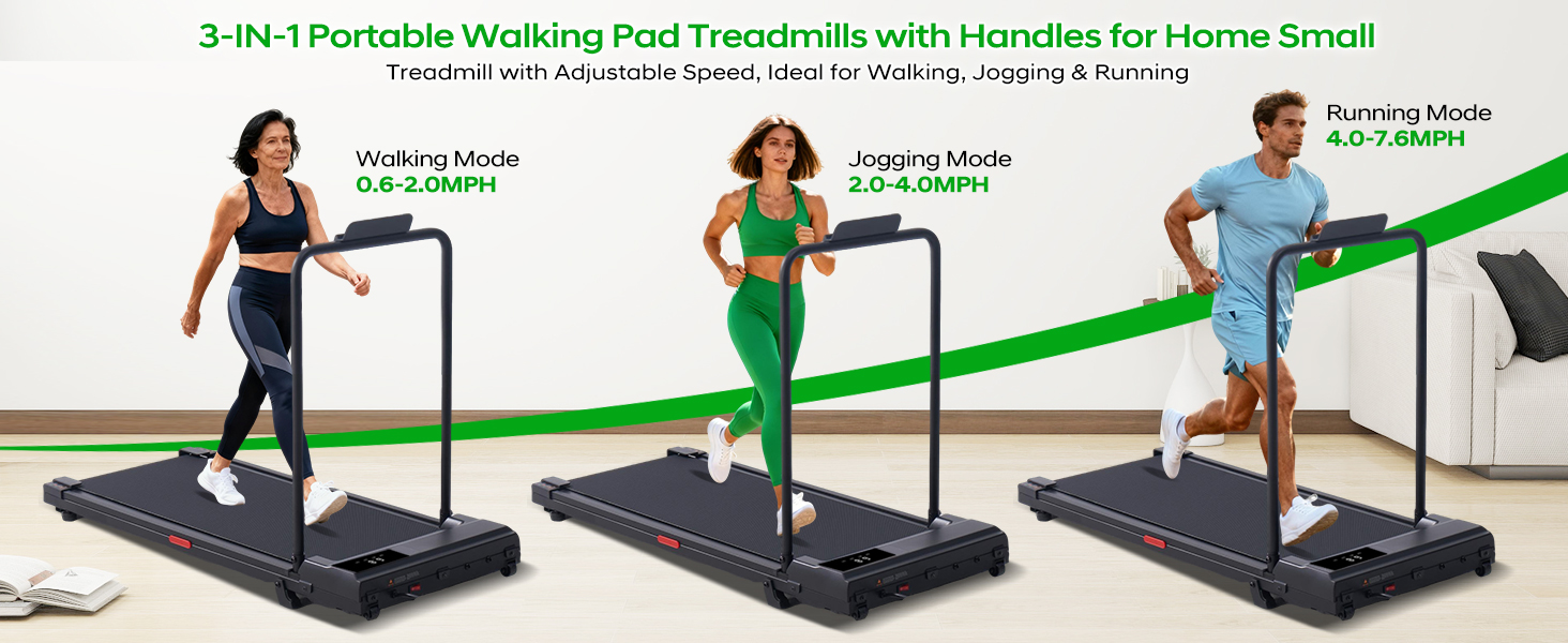 Tapis de marche portable 3-en-1 avec poignées pour petit domicile