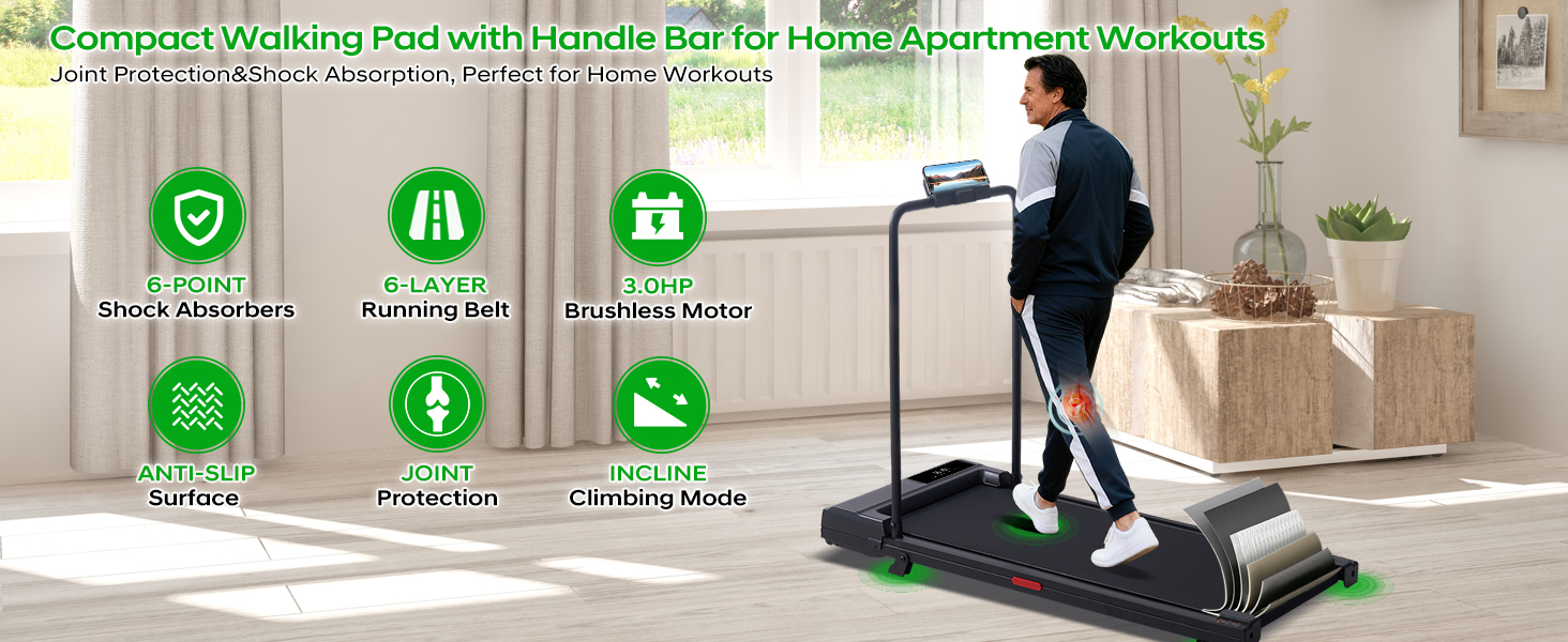 Tapis de marche compact avec barre de poignée pour séances d'entraînement en appartement