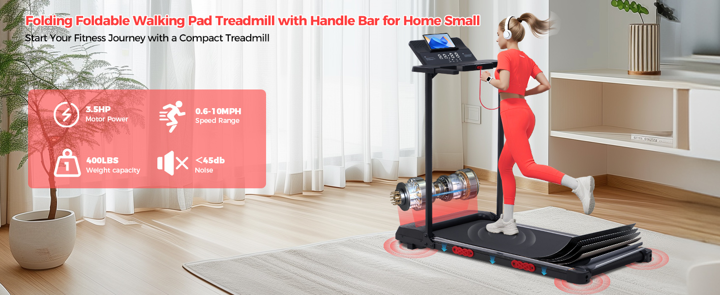 Tapis de marche pliable avec barre de poignée pour la maison