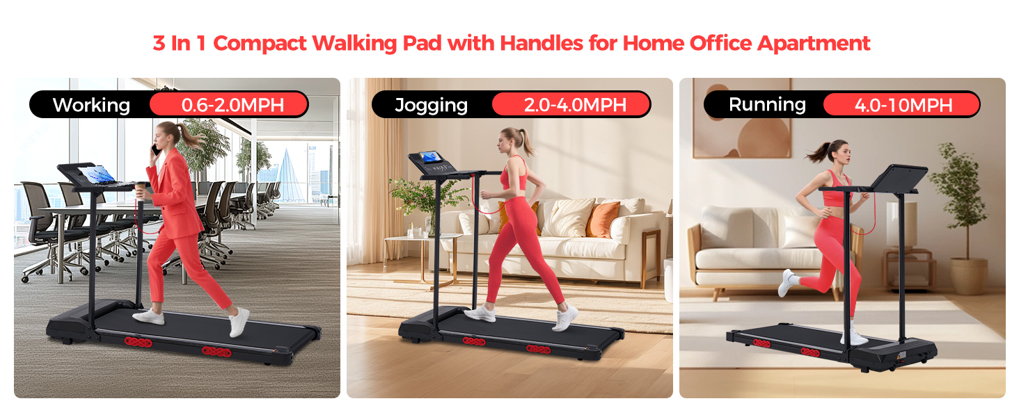 Tapis de marche compact 3 en 1 avec poignées pour bureau à domicile appartement