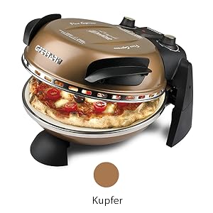 Machine à pizza ou four électrique cuivré avec étiquette « Kupfer », avec couvercle en forme de dôme pour la cuisson des pizzas.