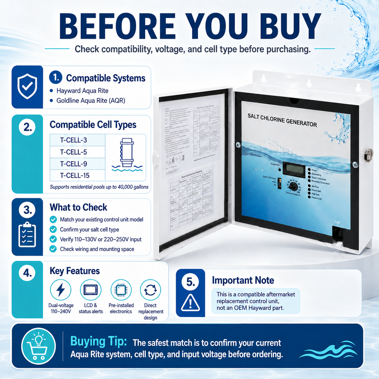 GLX-CTL-RITE Salt Chlorination Control Unit Compatible with Hayward Aqua Rite & Goldline AQR Systems