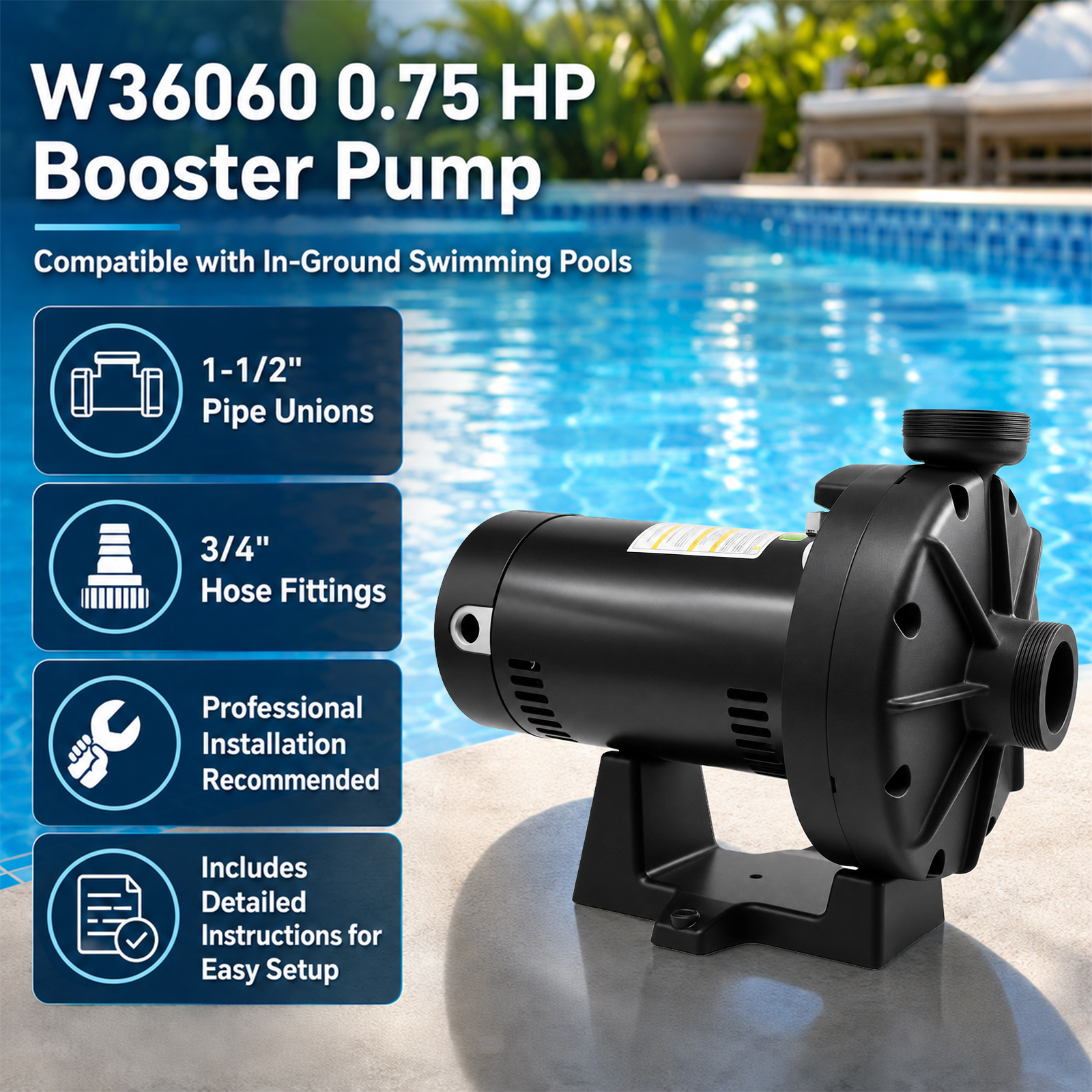 Aqualix-W36060 0.75HP Booster Pump for In-Ground Pools Compatible with Hayward