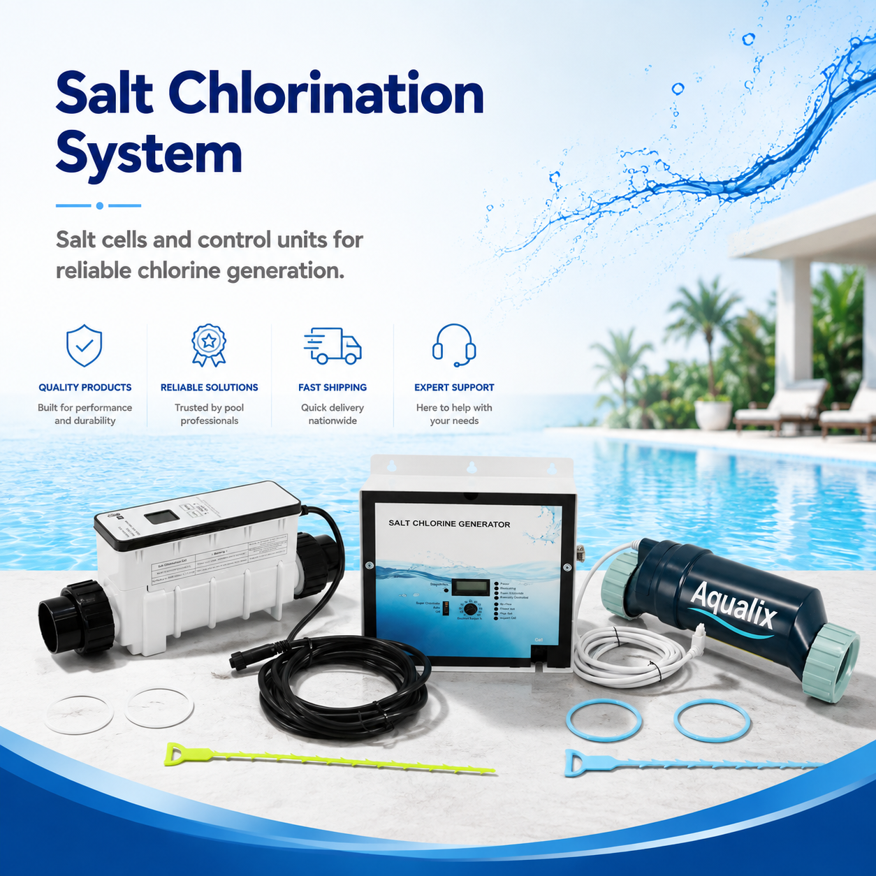 Aqualix salt chlorination systems with replacement salt cells and control units