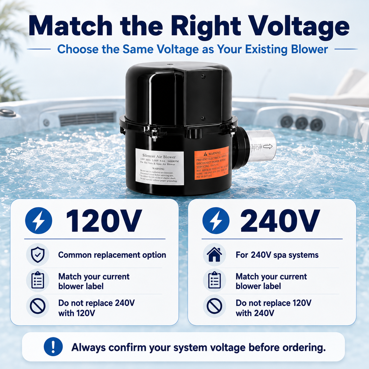 Aqualix Spa Air Blower Voltage Guide, 120V and 240V Replacement Options for Hot Tub and Spa Systems