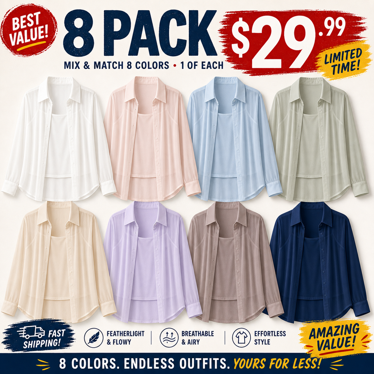 Mixed 8-Pack sheer blouse and camisole bundle image