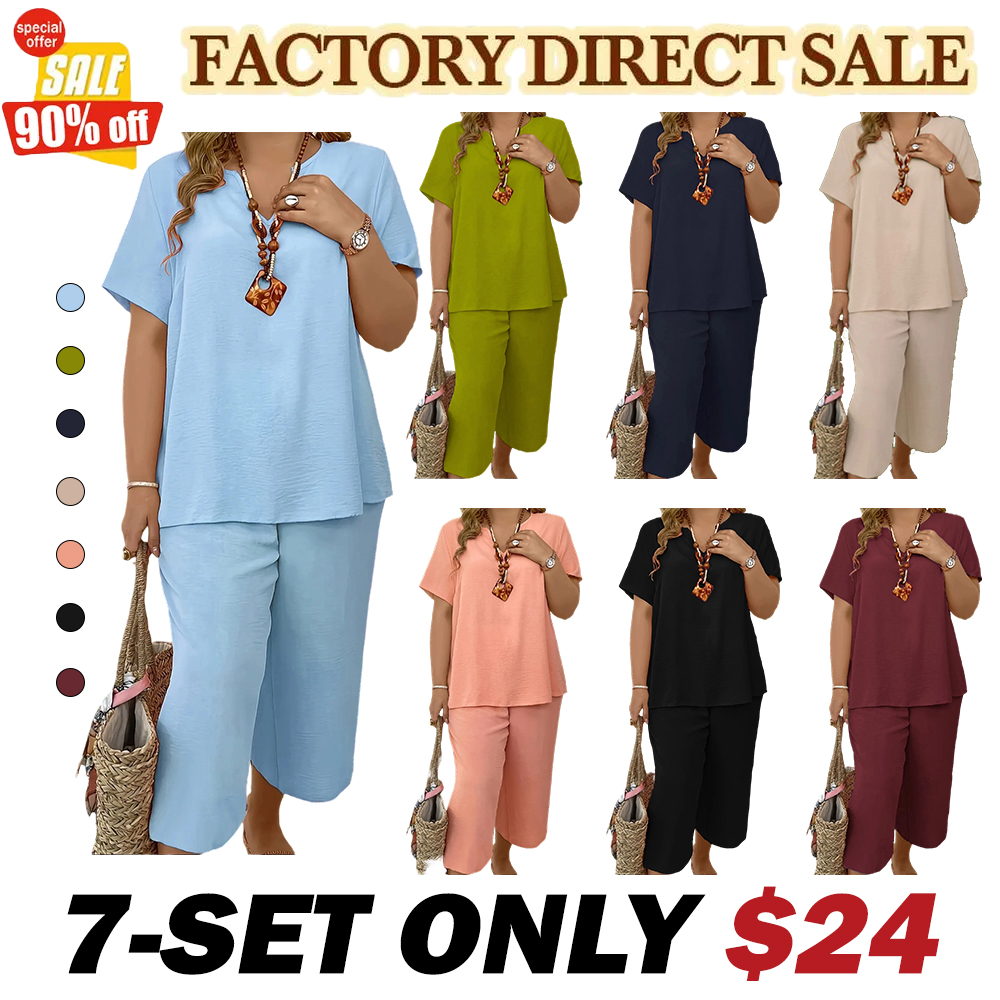 Women s Plus Size Elegant Minimalist Solid Color Short Sleeve Top & Wide Leg Pant