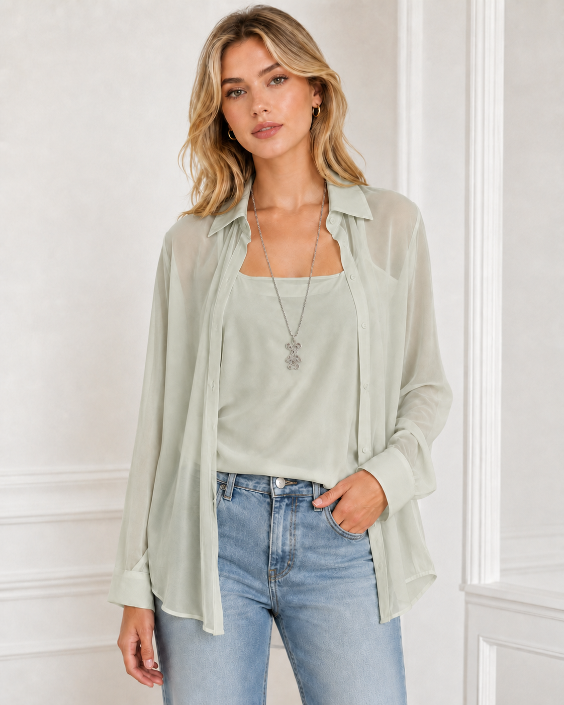 Willow Sage front view sheer blouse and camisole set