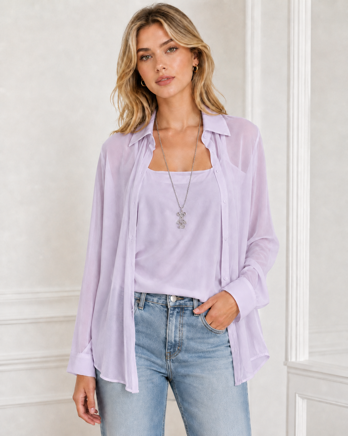 Dusty Lavender front view sheer blouse and camisole set