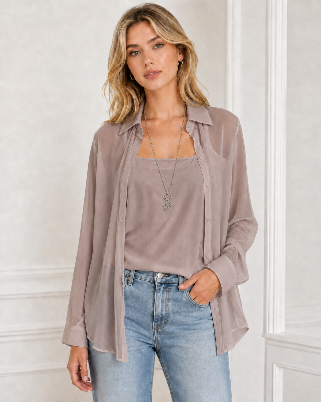 Cocoa Taupe front view sheer blouse and camisole set