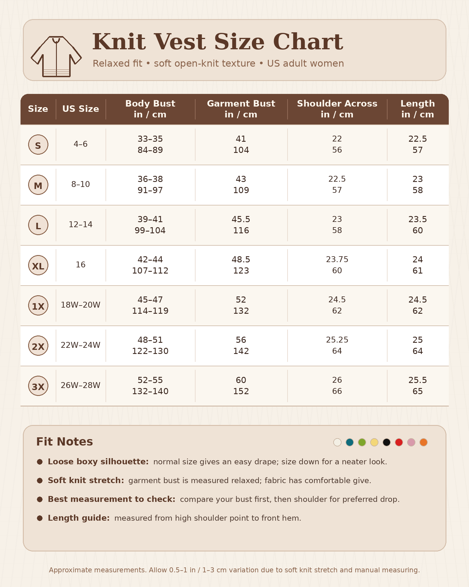 Knit vest size chart