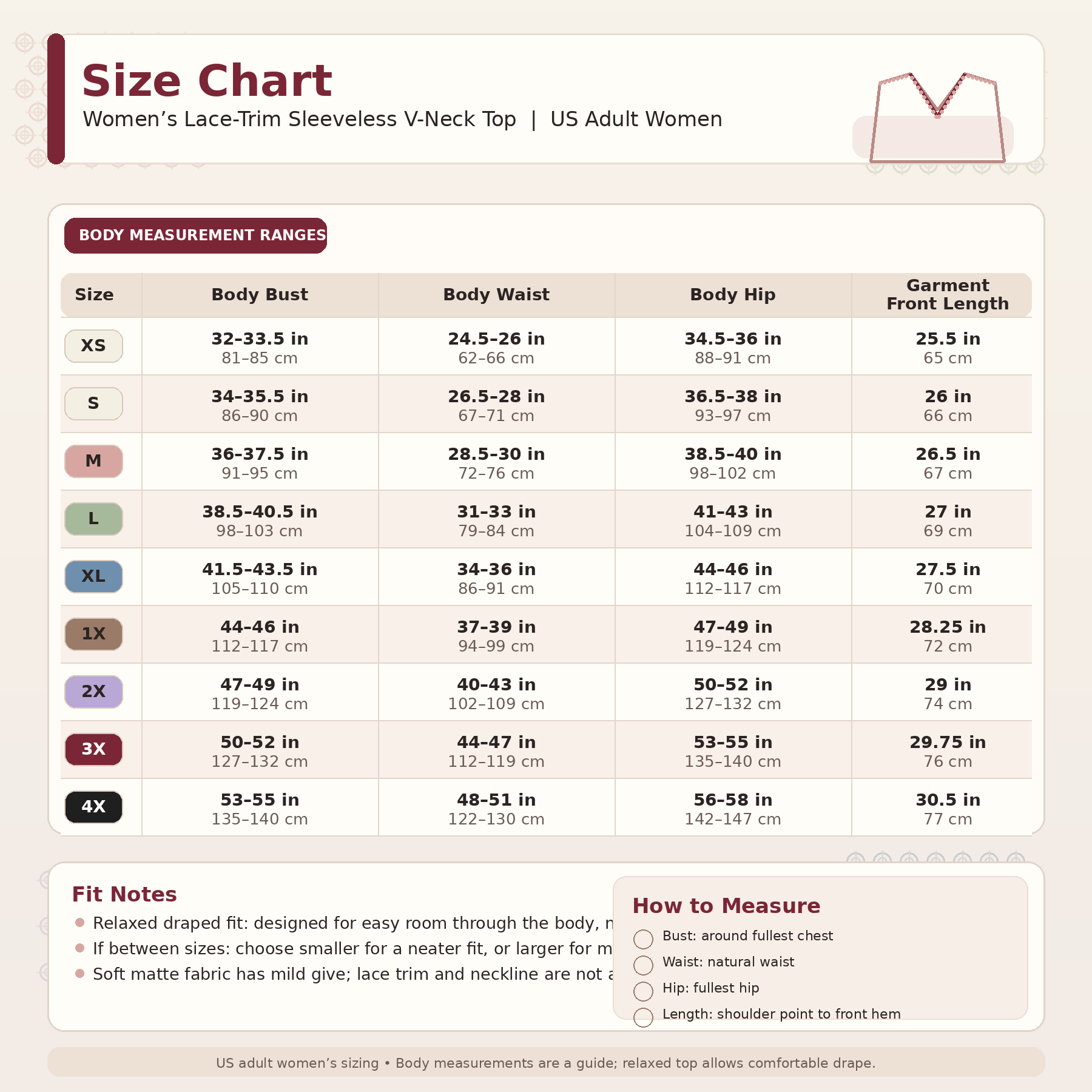 Size chart for women’s lace-trim sleeveless V-neck top