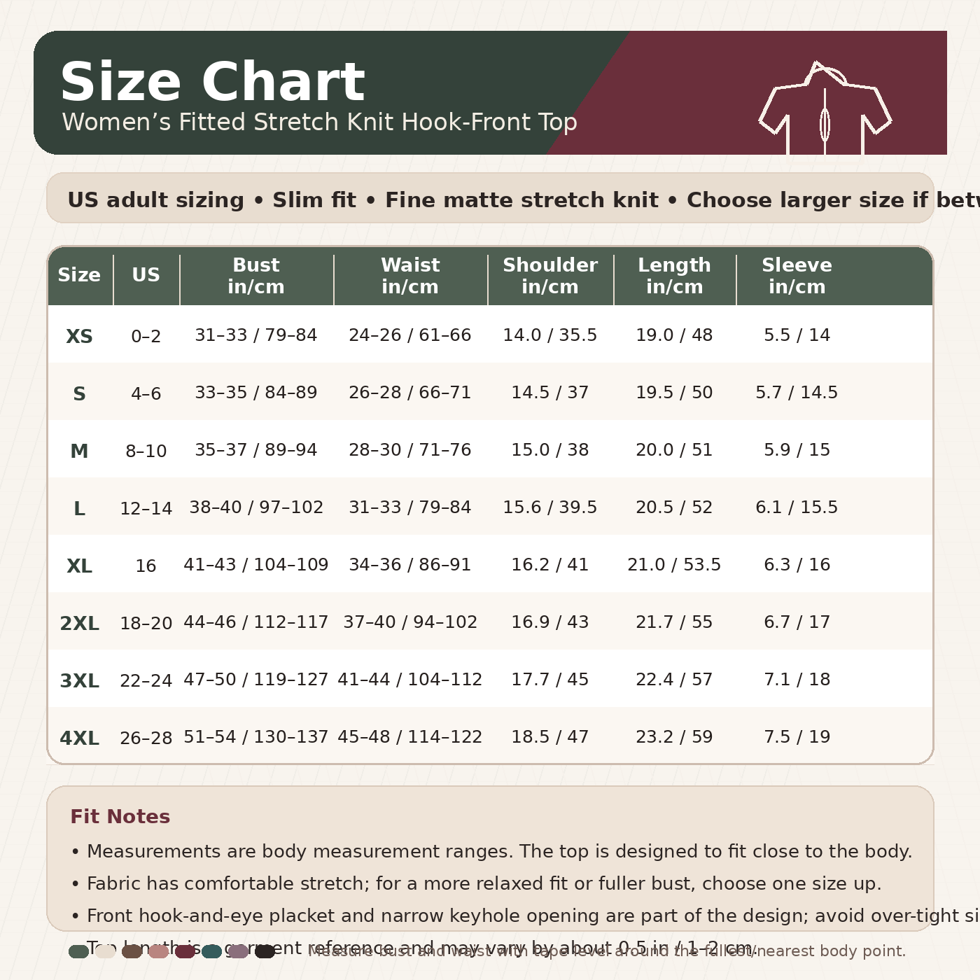 Size guide image for fitted hook front top