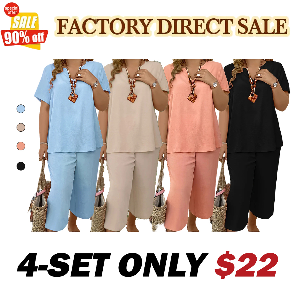 Women s Plus Size Elegant Minimalist Solid Color Short Sleeve Top & Wide Leg Pant