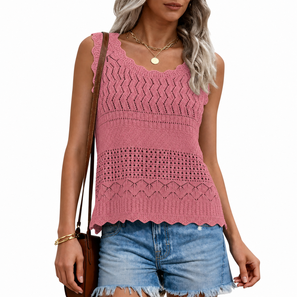 Dusty Rose colorway front view of the open-knit scallop-edge sweater tank
