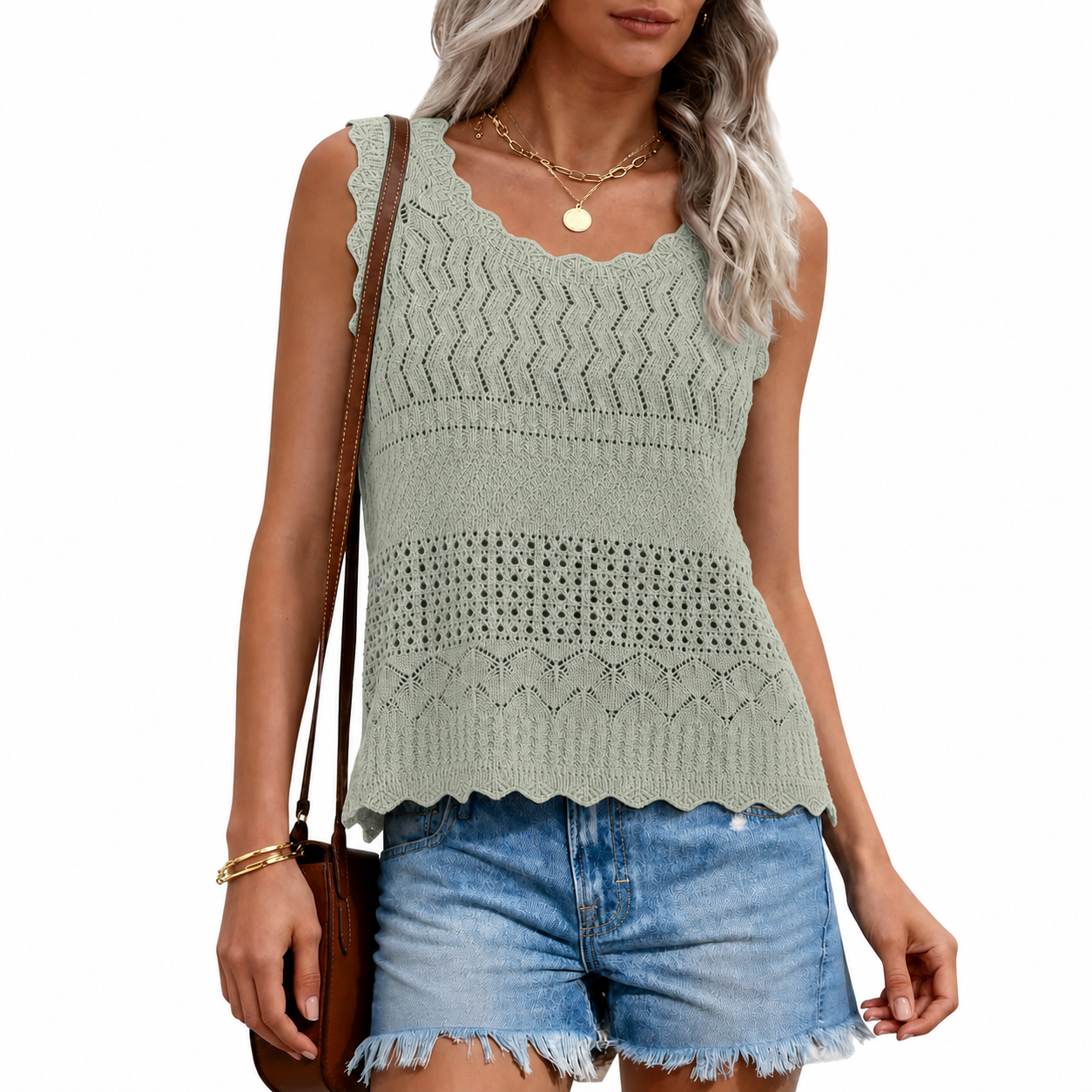 Sage Mist colorway front view of the open-knit scallop-edge sweater tank