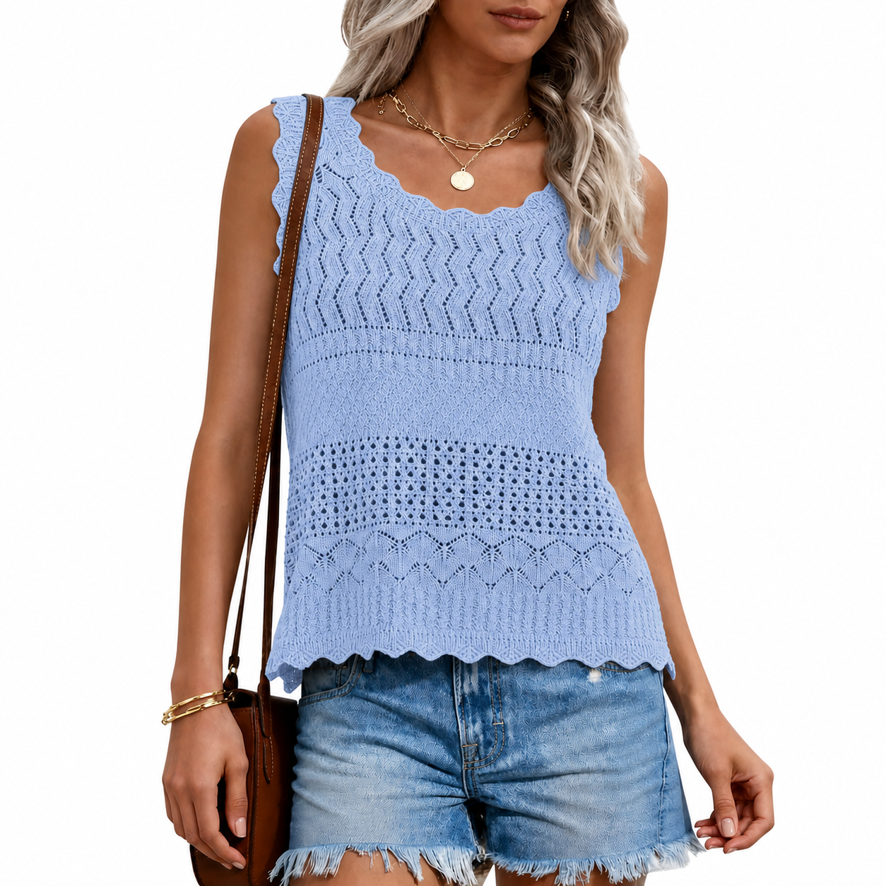 Powder Blue colorway front view of the open-knit scallop-edge sweater tank
