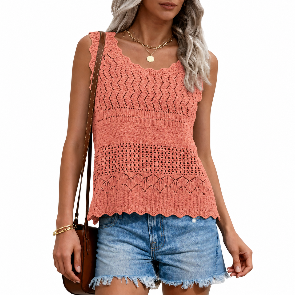 Terracotta Blush colorway front view of the open-knit scallop-edge sweater tank