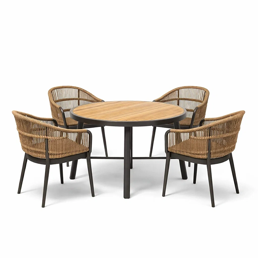 Ensemble de salle à manger extérieur: table ronde en bois et métal avec 4 chaises en corde-ecoverand