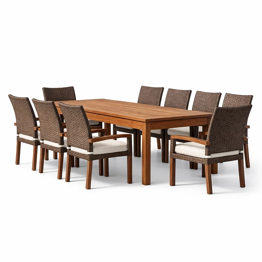 Ensemble de Salle à Manger Extérieur en Bois avec 8 Chaises en Résine Tressée-ecoverand
