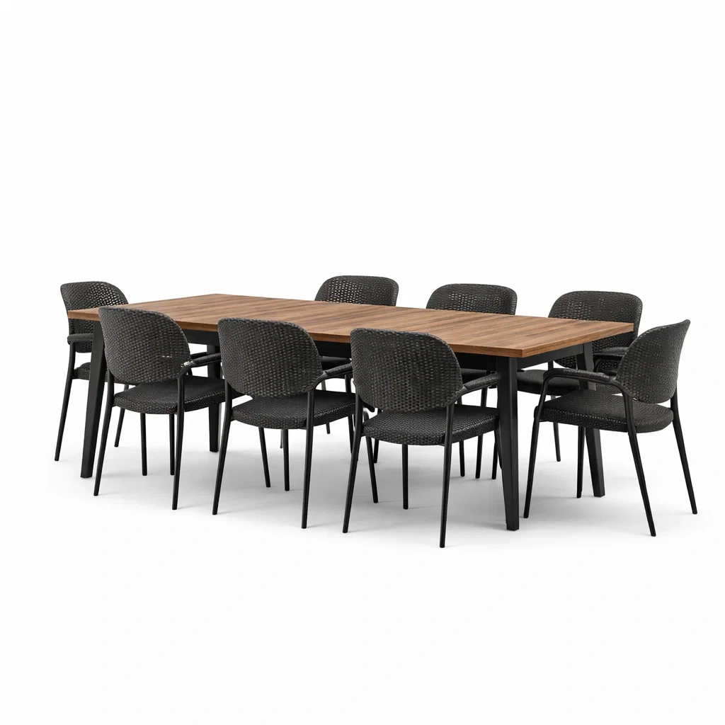 Ensemble de Table et Chaises Extérieures en Bois et Résine, 220x100x75 cm-ecoverand