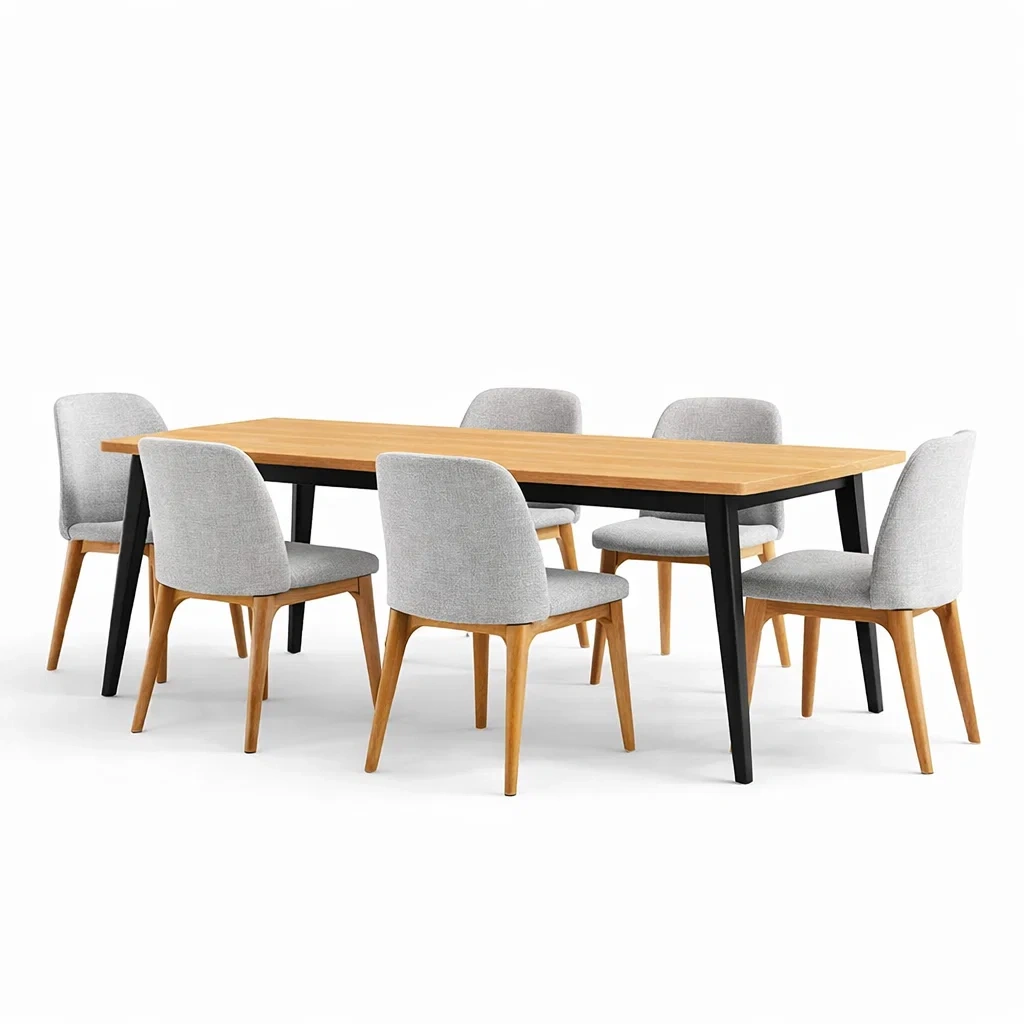 Table à manger en bois avec 6 chaises en tissu-ecoverand