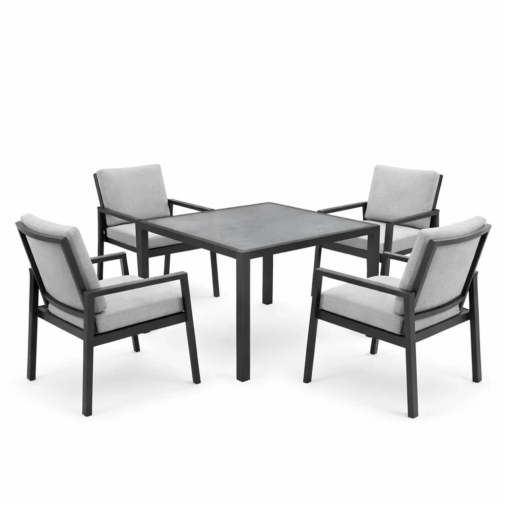 Ensemble de salle à manger en aluminium avec plateau en verre et 4 fauteuils Gris-ecoverand