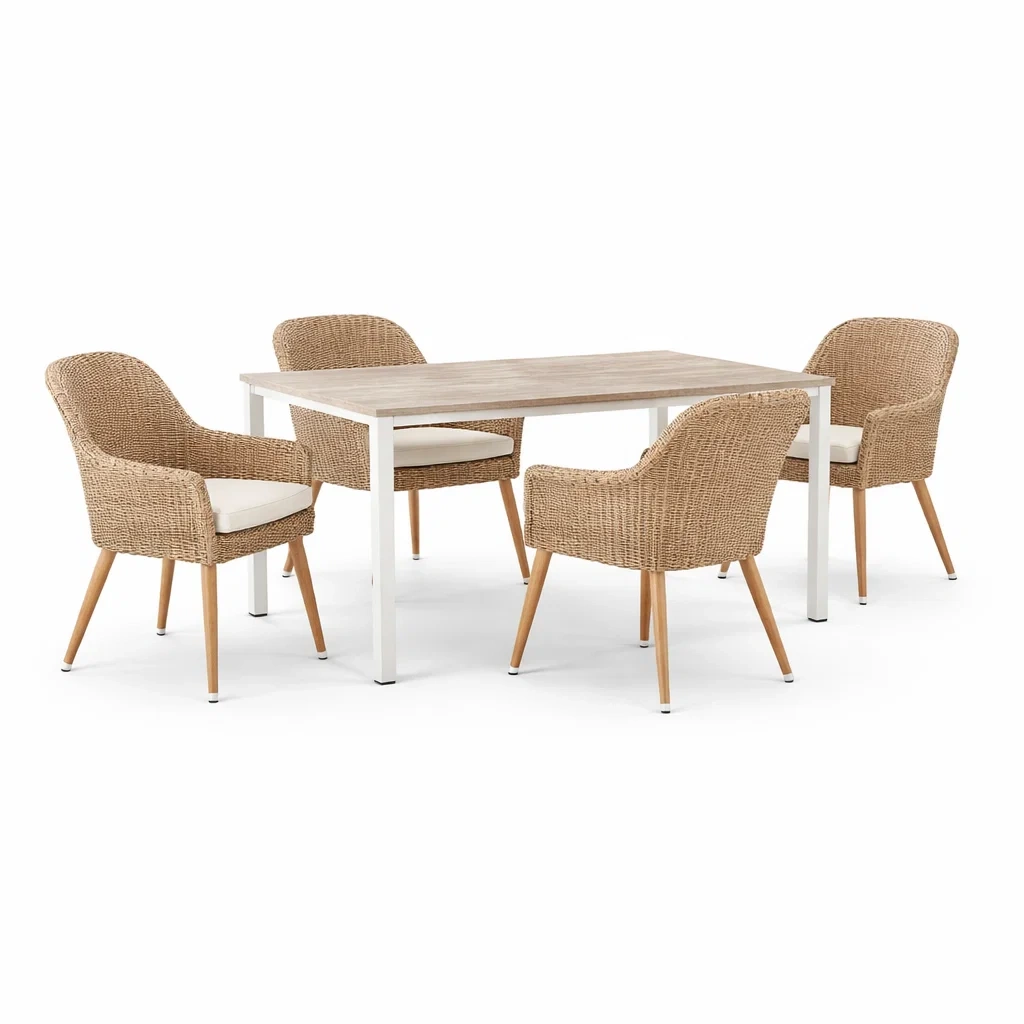 Ensemble de salle à manger extérieur 5 pièces en bois, métal et rotin-ecoverand