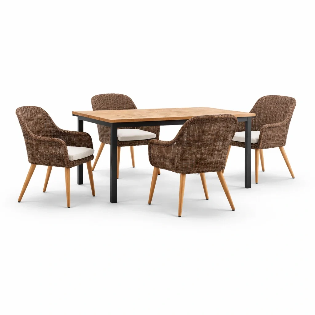 Ensemble de salle à manger en bois, rotin et métal avec table et chaises-ecoverand